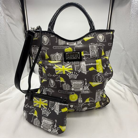 Lulu by Lulu Guinness London Print Tote Bag w/ Pouch Matching Black Yellow White - Picture 1 of 16